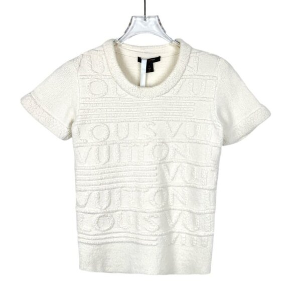 Louis Vuitton White Embossed Logo Short-Sleeve Knit Wool Top Size S Made In Ital - Picture 2 of 8
